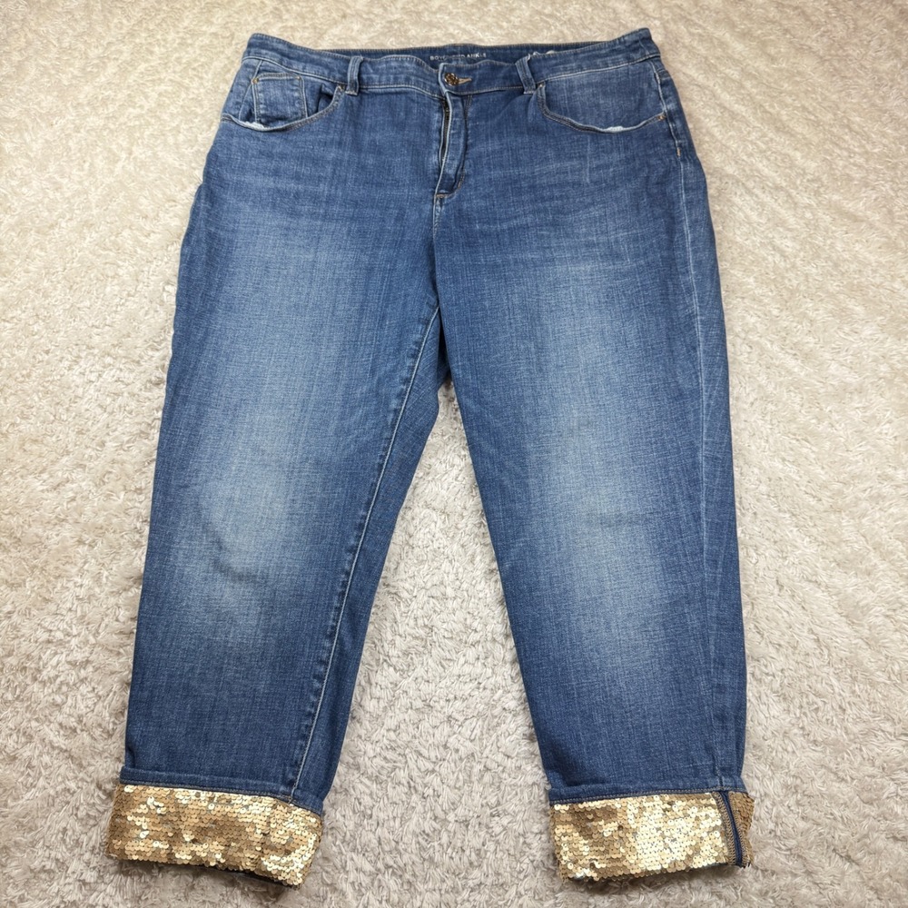 Chicos Boyfriend Ankle Jeans 16P 3P Blue Sequin Cuff Denim Festival Party Retro